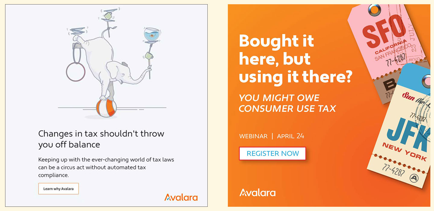 Avalara advertising before and after — left: prior creative, right: benefit-first redesign