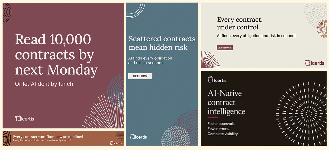 Icertis banner ads across LinkedIn, Instagram, Facebook, Twitter, and YouTube — new brand identity applied at digital scale