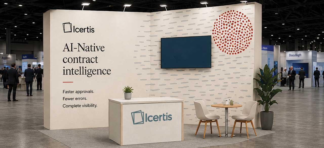 Icertis trade show booth in new brand identity — warm neutrals and Vera Rose at conference scale